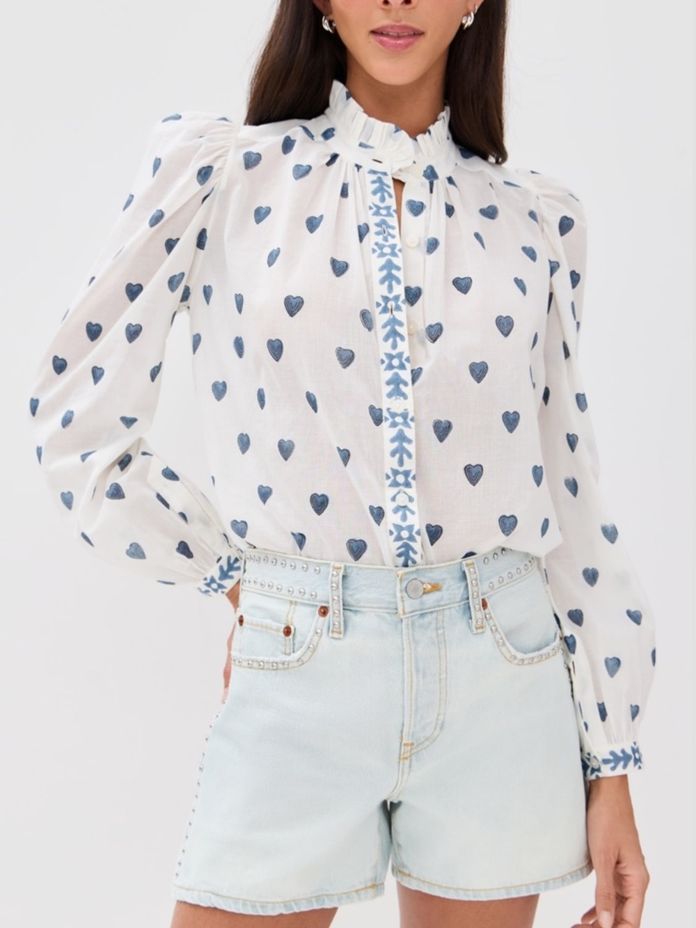White Heart Print Ruffle-Neck Blouse